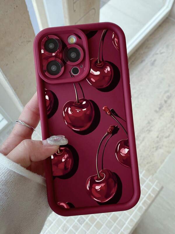 1Pc Cherry Print Camera Protection Thick Shockproof Burgundy Phone Case Compatible With Apple 11 Pro Max/12 Pro Max/13 Pro Max/14 Pro Max/15 Pro Max/16 Plus/16 Pro Max, Galaxy A55/A15/S24 Ultra, Redmi, OPPO/Realme, VIVO, Infinix, Honor, OnePlus