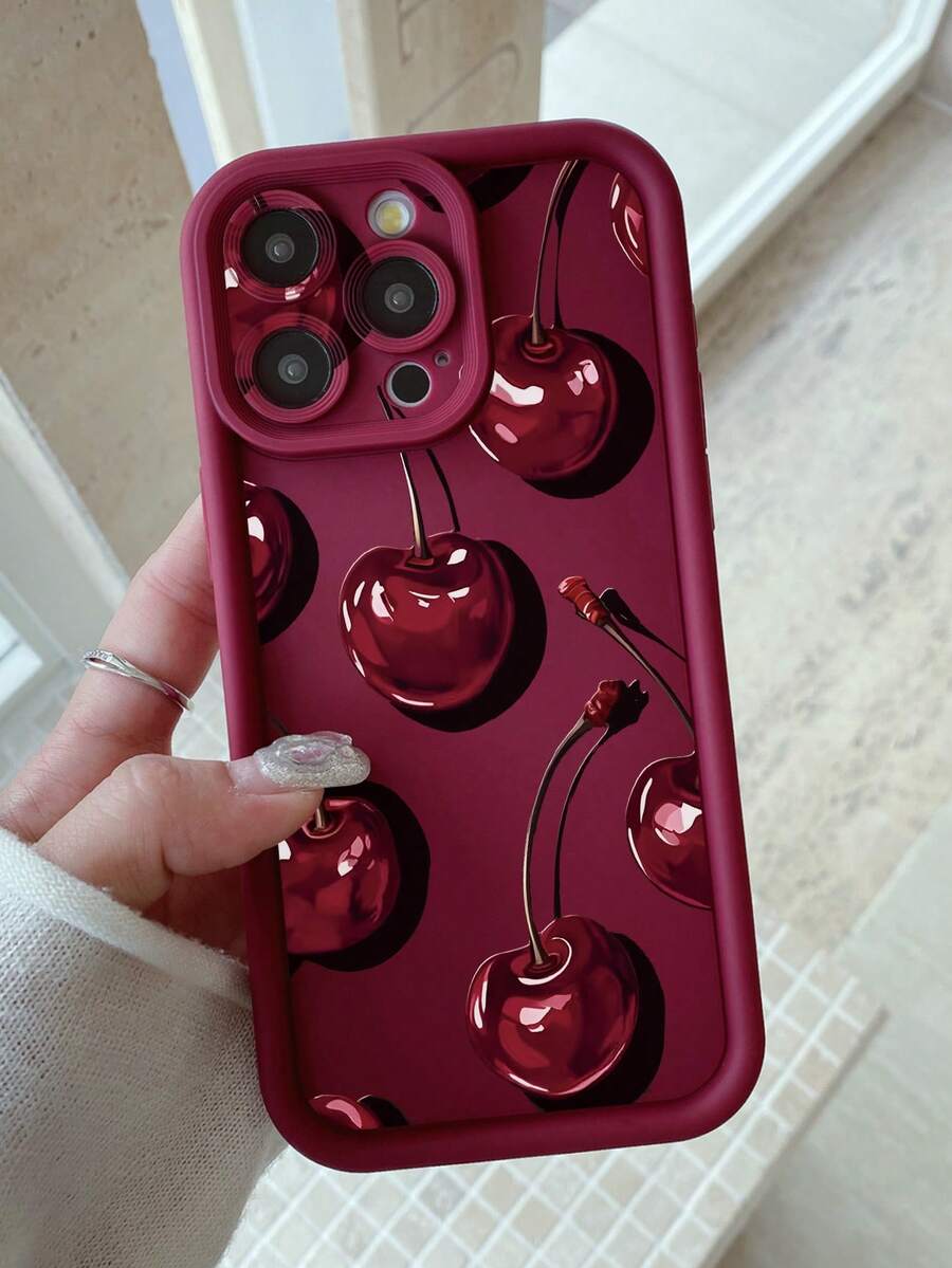 1 pièce Étui de téléphone épais antichoc avec imprimé cerise, compatible avec Apple 11 Pro Max/12 Pro Max/13 Pro Max/14 Pro Max/15 Pro Max/16 Plus/16 Pro Max, Galaxy A55/A15/S24 Ultra, Redmi, OPPO/Realme, VIVO, Infinix, Honor, OnePlus, résistant à l'eau et aux rayures - Rouge foncé - Voir 1
