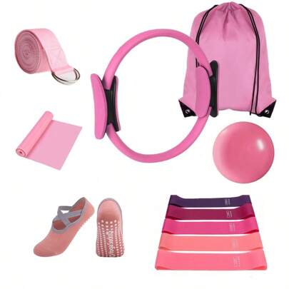 Set de 11 piezas de anillo de Pilates - Equipo de fitness en el hogar para mujeres - Banda de resistencia de cadera, equipo de estiramiento, pelota de fitness mini de yoga, calcetines de yoga, banda de estiramiento, hoja de fuerza, con bolsillo con cordón. Apto para ejercicios domésicos de piernas, brazos y muslos, etc.