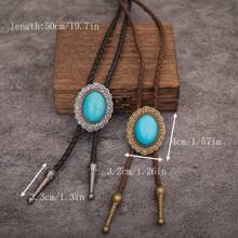 1pc Vintage Bolo Tie Necklace, Natural Blue Turquoise Oval Pattern Design Long Boho Western Cowboy Style Rope Necklace