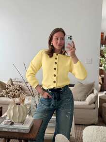 جاكيت كارديجان محبوكة بأكمام راجلان وأزرار، بياقة دائرية، بأكمام طويلة، لون أصفر زبدي، للنساء في الربيع والصيف والخريف، للاستخدام اليومي