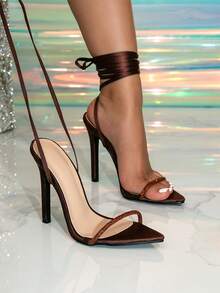 2025新款夏季时尚性感银色系带凉鞋，女士舒适舞会/夜店高跟鞋 - 棕色 - 查看 2