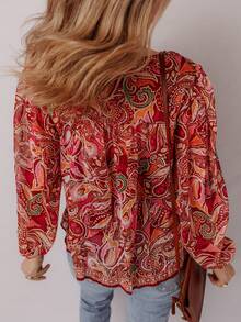 Acelitt Autumn Bohemian Paisley Print V-Neck Tie Loose Casual Long Sleeve Shirt - Multicolor - View 2