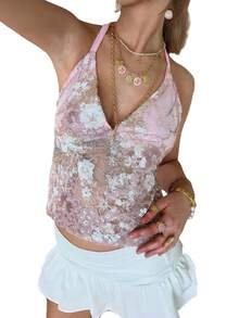 Women Y2k Sequin Halter Cami Tops Summer Deep V Neck Spaghtti Strap Backless Sexy Crop Tank Tops Sheer Mesh Patchwork Slim Fit Shirt Fairy Grunge Going Out Tops E-Girls Vintage Aesthetic Clothes Clubwear - 粉色 - 查看 2