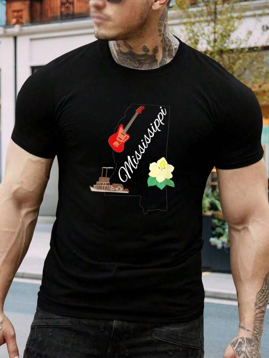 Camiseta del orgullo del estado de Mississippi | Diseño de guitarra, magnolia y barco de río | Camiseta de herencia sureña | Camiseta de algodón suave para hombre, mujer y jóvenes | Regalo de Mississippi | Top negro informal de manga corta - Negro - Ver 1