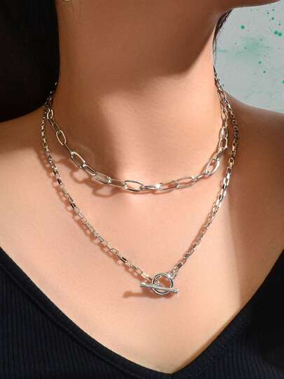 1件街头风粗银链双层颈链，女士派对及日常配饰