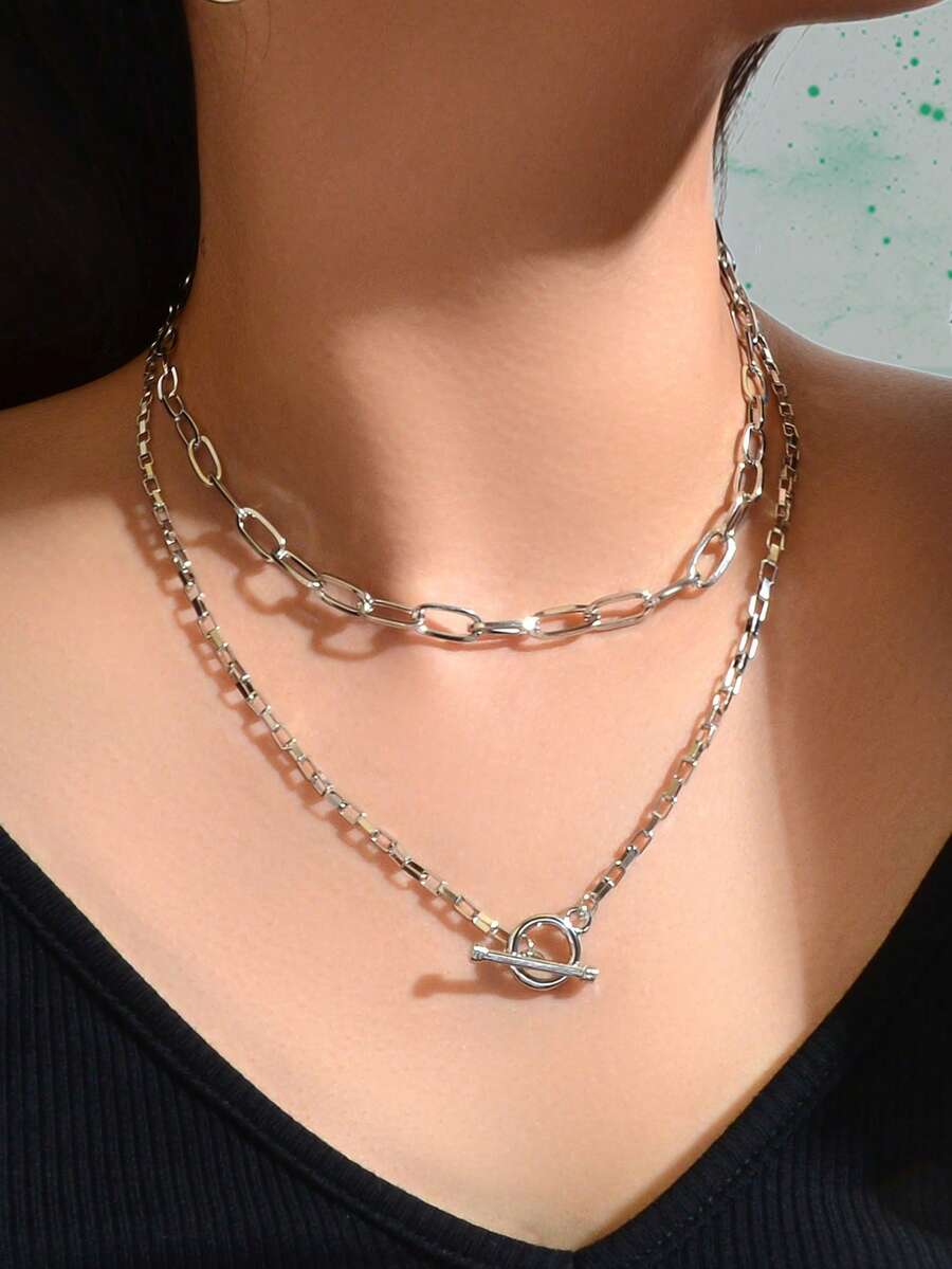 1件街头风粗银链双层颈链，女士派对及日常配饰 - 銀色 - 查看 1