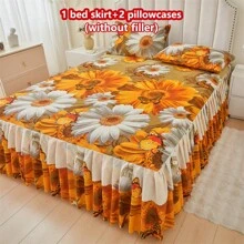 3 Piece Skin-Friendly Soft Floral Print Bedding Set (1 Bed Skirt + 2 Pillow Shams), Moisture-Wicking, Anti-Wrinkle, All Season Use, Exquisite Printing, Fashionable & Stylish, Suitable For Bedroom & Hotel
