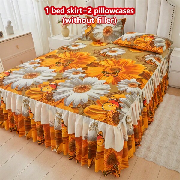 3 Piece Skin-Friendly Soft Floral Print Bedding Set (1 Bed Skirt + 2 Pillow Shams), Moisture-Wicking, Anti-Wrinkle, All Season Use, Exquisite Printing, Fashionable & Stylish, Suitable For Bedroom & Hotel