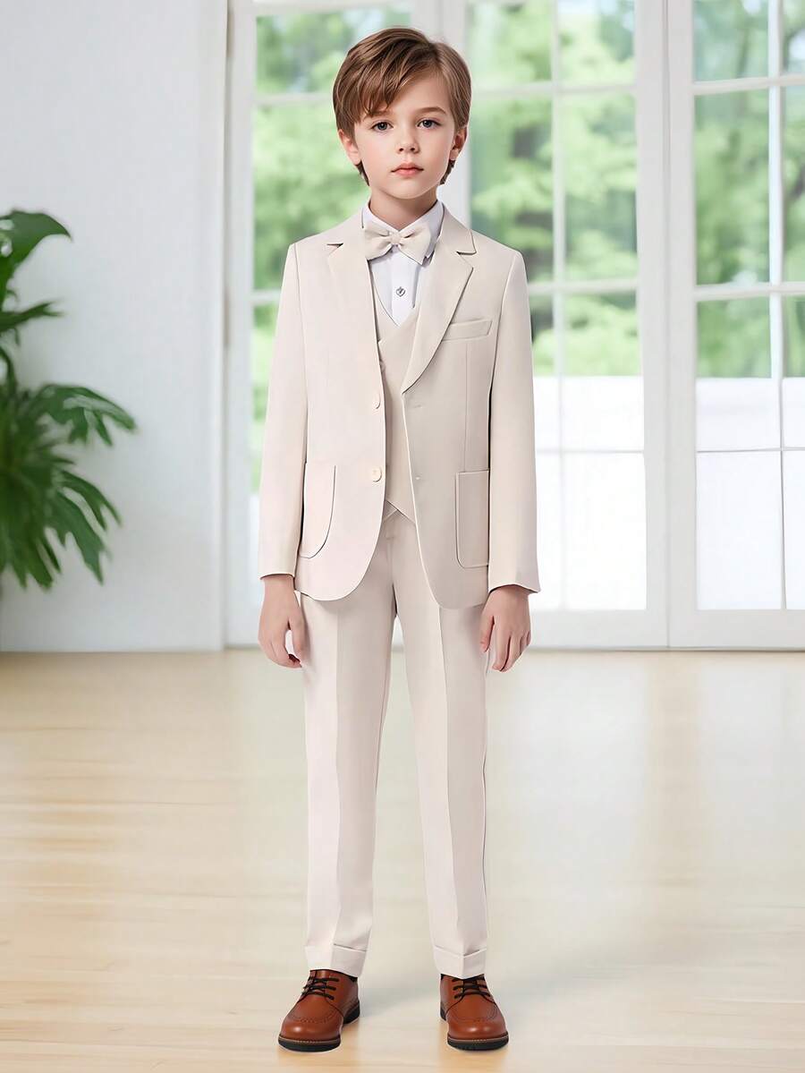 4pcs Young Boy Formal Suit Set: Single-Breasted Jacket, Vest, Pants, And Necktie - Beige - View 1