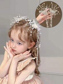 دبوس شعر مزخرف باللؤلؤ والريش والكريستال، دبابيس شعر تاج جنوي يدوية، اكسسوارات تزيين وتألق للفتيات في العرض والحفلات وأعياد الميلاد