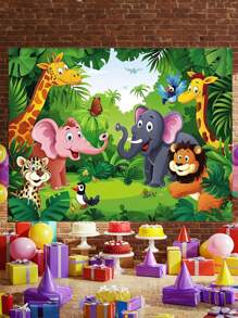 1pc-Zoo Photography Background Cartoon Wild Animal Background Happy Birthday Photography Background Animal Jungle Wildlife Zoo Theme Party Decoration Photo Studio Props