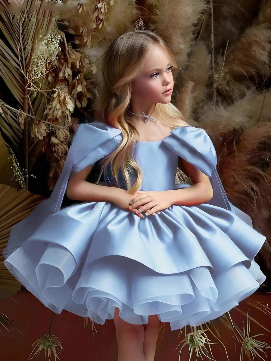 Elegant Blue Flower Girl Dress With Bow, Girls Evening Gown, Princess Dress, Prom Dress, Wedding, Birthday, Party, Christmas - Blue - View 1