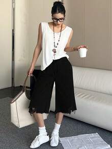 Women's Distressed Asymmetrical Hem Denim Capri Shorts - Black - View 2