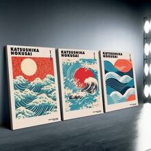 3 Stücke Holzgerahmte Leinwand Poster Japanische Kunst, Die große Welle von Hokusai Katsushika, Ozeanwelle Kunst, kreative wasserfeste Leinwandplakate für Schlafzimmer, Büro, Wohnzimmer, Café, Bar, Heim- und Studentenzimmer Wanddekoration