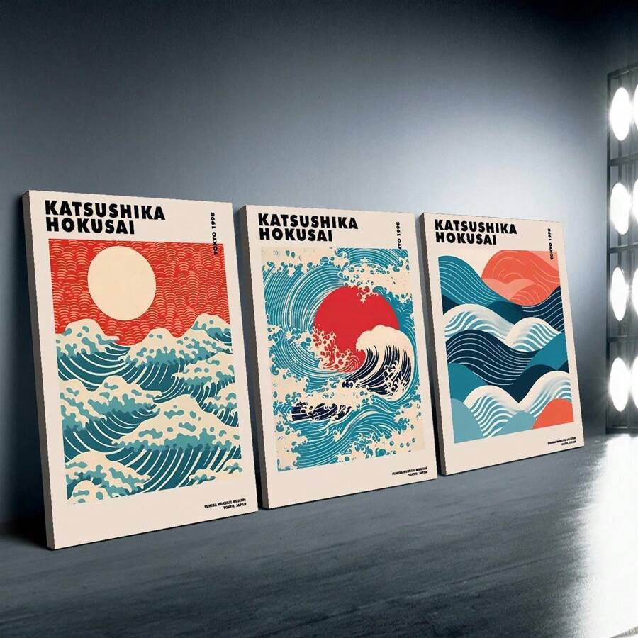 3 Stücke Holzgerahmte Leinwand Poster Japanische Kunst, Die große Welle von Hokusai Katsushika, Ozeanwelle Kunst, kreative wasserfeste Leinwandplakate für Schlafzimmer, Büro, Wohnzimmer, Café, Bar, Heim- und Studentenzimmer Wanddekoration