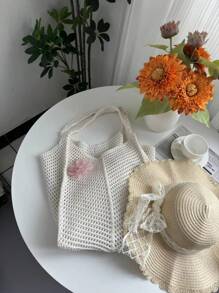 Summer Beach Hollow Woven Tote Bag, Foldable Design, Oversized Women's Handbag, Beach Bag; New Fashionable Floral Embroidery Shoulder Bag Suitable For Summer Beach, Vacation, Valentine's Day
