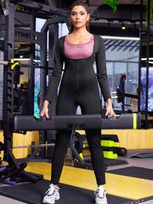 1pc 2025 New 4-In-1 Sauna Fitness Shaping Jumpsuit, Women's Exclusive Yoga Sauna Weight Loss Set: Solid Color Minimalist High Waist Butt-Lifting Long Sleeve Jumpsuit, Slim-Fit 3/4 Shaping Leggings, Paired With Abdominal Fat Burning Training Tank Top, Comprehensive S-Curve Sculpting. The Perfect Fusion Of Sportswear And Fashion, Allowing You To Exude Confidence And Allure In Every Sweaty Workout! Ultimate Shaping, Of Fat Burning! Gym Accessories