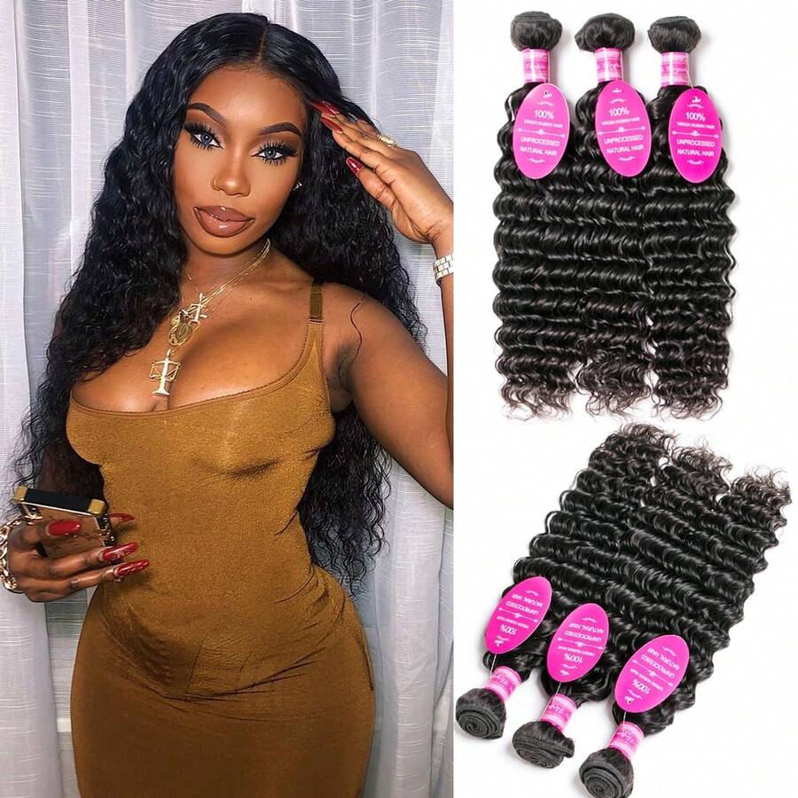 Deep Wave Human Hair Bundles 12A Deep Hair Bundles Brazilian Deep Wave Human Hair Bundles 100% Unprocessed Virgin Weave Deep Wave Bundles Human Hair Raw Remy Hair Bundles Natural Black For Women Hair Extension - Natural Black - 查看 1
