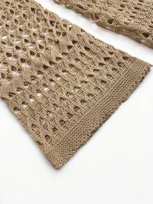 女士镂空露背长袖钩针编织罩衫连衣裙，波西米亚风沙滩装，春夏款 - 駝色 - 查看 9