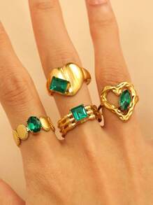 Elegant Vintage-Style 18K Gold-Plated Stainless Steel Inlaid Emerald Green Glass Heart Geometric Ring, Fashion Jewelry Versatile For Daily And Party Wear