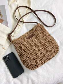 字母贴片装饰，女士度假包，假日，草编钱包，草编沙滩包，沙滩必需品，沙滩必备品，沙滩用品和夏季必备品，沙滩钱包，非常适合夏季、度假和日常使用，旅行必备品