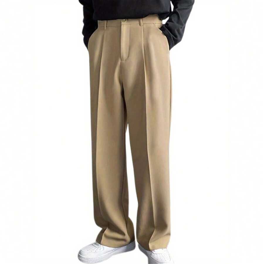 Local Warehouse- Wide Leg, Solid Color, Polyester, Machine Washable [Solid Color Business Suit Pants] Men's Casual Business Suit Pants - Flat Front, Loose Fit, - Màu Khaki - Xem 1