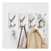 New Self-Adhive Coat Hooks For Hanging - Heavy Duty Stainls Double Wall Hook For Towel, Backpack, Hat, Sturdy Metal Hanger For Bathroom, Bedroom, Door, Wall Mounted, 4-Pack, Sier, New - Silver 4 Pack - 查看 1