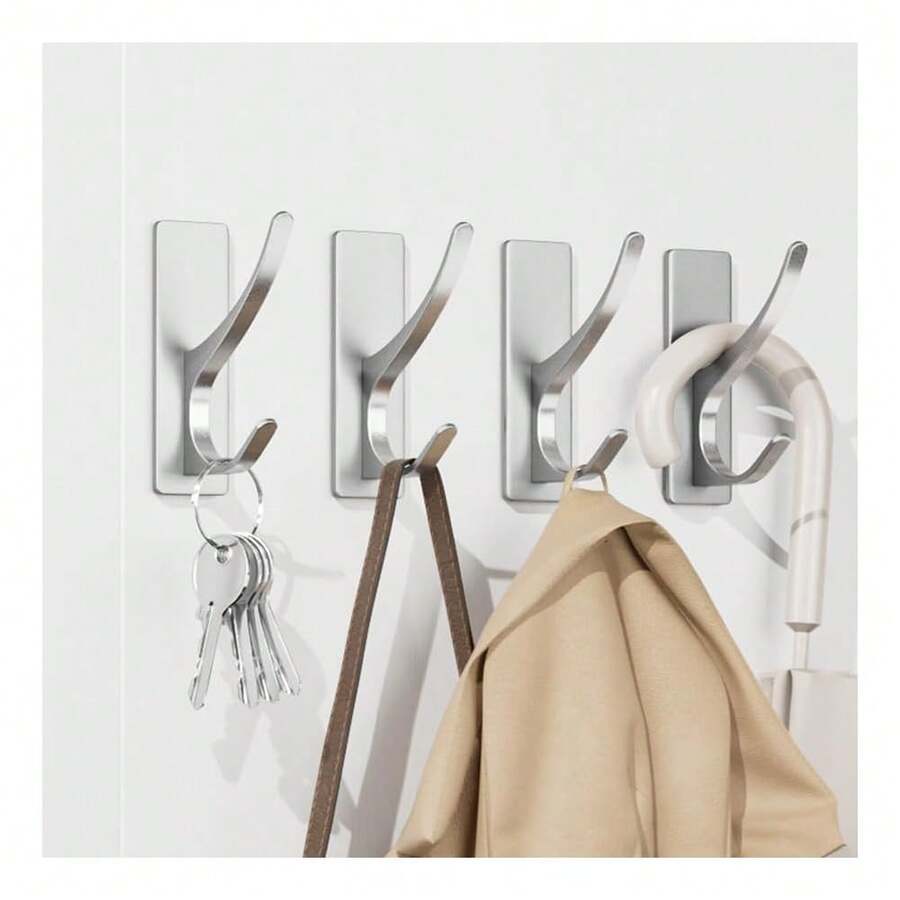 New Self-Adhive Coat Hooks For Hanging - Heavy Duty Stainls Double Wall Hook For Towel, Backpack, Hat, Sturdy Metal Hanger For Bathroom, Bedroom, Door, Wall Mounted, 4-Pack, Sier, New - Silver 4 Pack - 查看 1