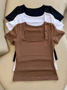 Kit 3 Basic Suplex Blouses, Square Neckline, Short Sleeve, Lined - 棕色/白色/黑色 - 查看 7