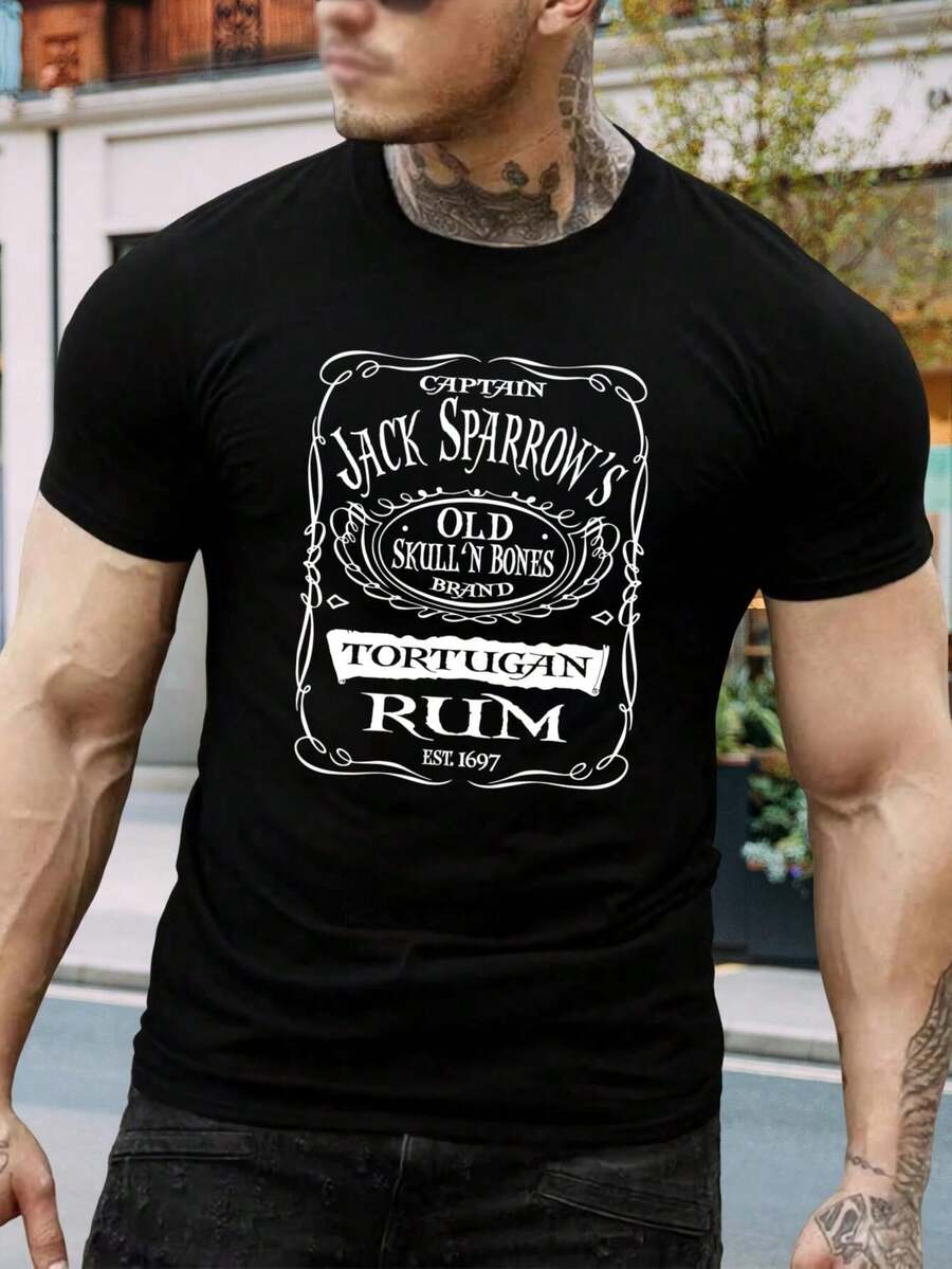 Camiseta de Jack Sparrow - Tortuga Ron Pirata - Divertida Camiseta de Manga Corta para Hombre y Mujer - Idea de Regalo para Disfraz - Calavera y Tibias Cruzadas - Tallas para Jóvenes Disponibles - Negro - Ver 1