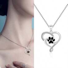 Adjustable Cubic Zirconia Heart & Dog Paw Design Necklace, Allergy-Free Ladies Cute Animal Pendant Necklace Birthday Gift