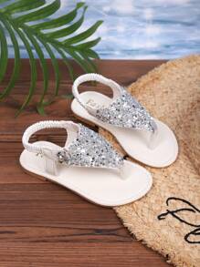 New Summer Fashion For Toddlers/Little Girls In 2025: Large Rhinestone Decorated, Flat-Bottomed, Anti-Slip Round-Toed Slippers, Suitable For Beach And Home Wear