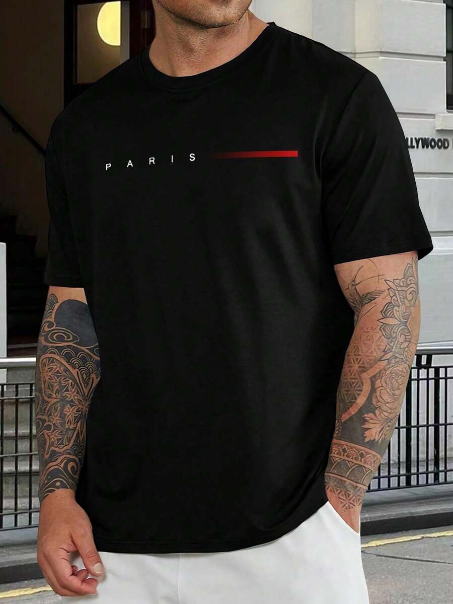 Camiseta gráfica de París para hombre - Camiseta negra de manga corta con detalles rojos - Estilo streetwear de moda - Cómoda camiseta de mezcla de algodón - Regalo perfecto para el Día del Padre - Negro - Ver 1