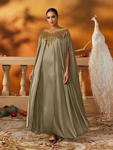 AmazingHoney 奢华绿色卡夫坦长袍，金色亮片装饰，缎纹面料，派对长袍，卡夫坦长袍，长袍长袍（超大尺码 - 请查看尺码表） - 金色 - 查看 5