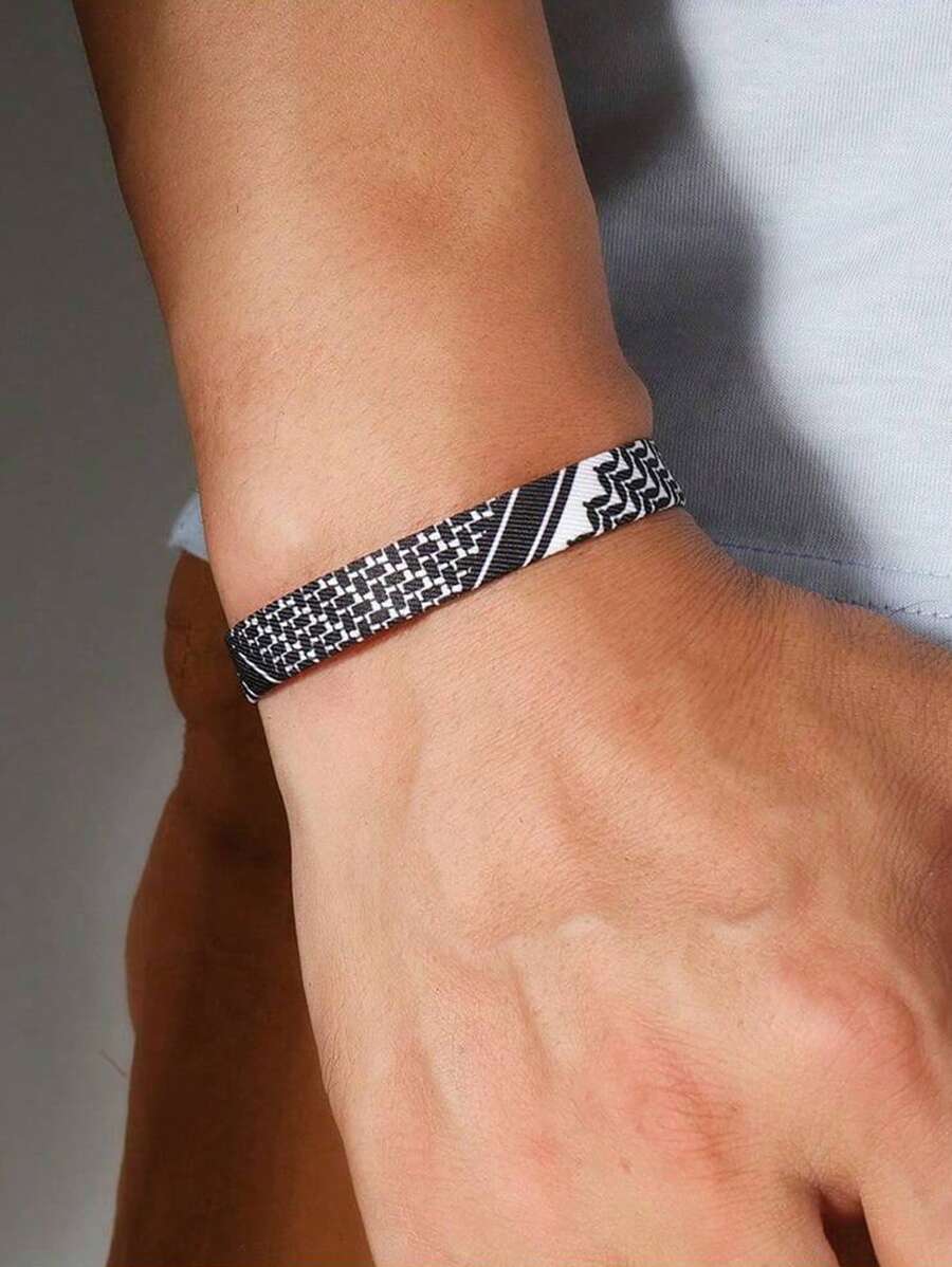 1 pièce Bracelet en tissu tressé fait main à la mode arabe, de couleur unie ou multicolore. (Le motif à rayures peut être aléatoire)