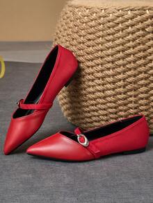 1 Pair Women's Pointed Toe Flat Shoes, Soft Leather Comfortable Work Office Shoes, Versatile Loafers, Slip-On Style Ballet Flats - Đỏ - Xem 7