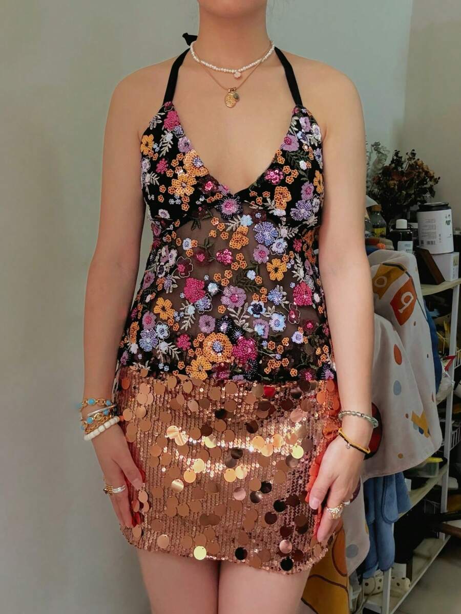 Women Y2k Sequin Halter Cami Tops Summer Deep V Neck Spaghtti Strap Backless Sexy Crop Tank Tops Sheer Mesh Patchwork Slim Fit Shirt Fairy Grunge Going Out Tops E-Girls Vintage Aesthetic Clothes Clubwear