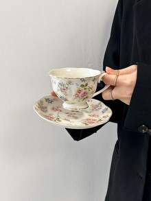 Cabin Kangaroo 1 Set de taza y platillo de cerámica para café, estilo rural de flores primaverales, material de cerámica fina con líneas doradas, diseño elegante, patrón de flores primaverales, perfecto para el té de la tarde, regalo de inauguración de casa o boda - Multicolor - Ver 4