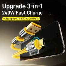 240W Maximum 3-In-1 Usb A /Type-C To Type-C Super Fast Charging Data Cable Compatible With IPhone 16/15 Series, Compatible With Samsung S24 S23 S22, Compatible With Xiaomi Redmi, Compatible With Huawei, And Supports Tablets, Laptops, And All Type-C Charging Devices, Mobile Phones, Car Power Banks. Compatible With IPhone 16, 16 Pro Max, 15, 15 Plus, 15 Pro, 15 Pro Max,Compatible With Redmi, Compatible With OnePlus Type C, Charger