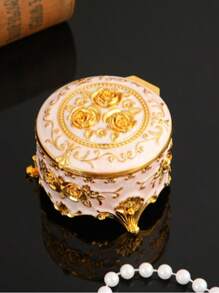 1 Pieza Caja de joyería de estilo vintage redonda, caja de almacenamiento para aretes y collares, para el Día de la Madre, para la novia, para miembros femeninos de la familia o la empresa, brillante y elegante, de moda, opción principal para regalos, necesidad de verano para mujeres, organizador de almacenamiento, regalo, de vuelta a la escuela