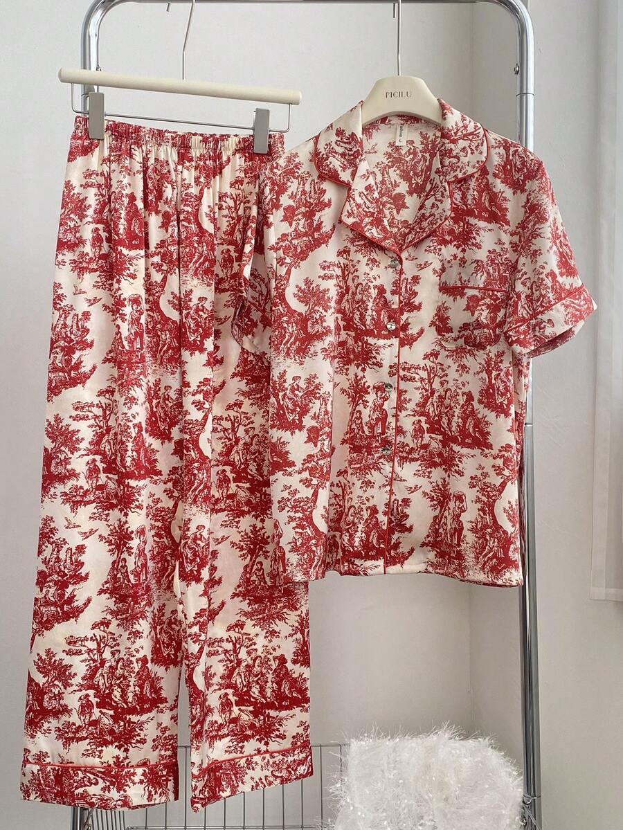 Red Summer Women Pajamas Set Sleepwear Short Sleeve With Pants Nightwear Loose Print Home Clothes Lounge Wear - 紅色 - 查看 1