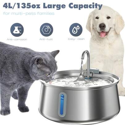 Stainless Steel Cat Water Fountain, 4L/135oz Large Capacity Pet Water Fountain With Water Level Window, Multiple Filtration, Quiet Automatic Pet Fountain Easy Clean For Dog Cat