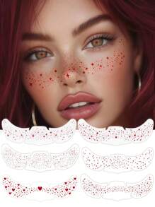 6 Blatt rote glitzernde Sommersprossen Gesichts-Tattoos, funkelnde Sommersprossen-Glitzer-Tattoos mit Herz-, Punkt- und Stern-Muster, rote wasserfeste Glitzer-Temporäre Tattoos für Erwachsene, tägliches Make-up für Reisen, Festivals und Partys
