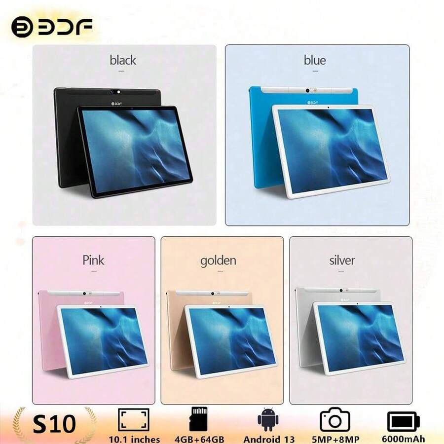 10.1-Inch Tablet PC/4GB RAM+64GB ROM/Octa-Core 2.3GHz Processor/Android 13 1920x1080 FHD IPS Display/5MP+8MP Camera/6000mAh Large Battery/Supports 5G WiFi Dual SIM Dual Standby, Suitable For Gaming, Office And Entertainment/Metal Body Design BDF S10 Android Tablet (Includes: Packaging Box/Data Cable/Manual/OTG/Card Reader) - Multicolor - View 1