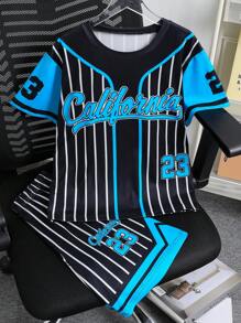 2pcs Boys Outdoor Sports Set, Baseball Jersey Style With 23 Number Letter Calitainia Stripe Print Short Sleeve Top And Shorts, Spring/Summer