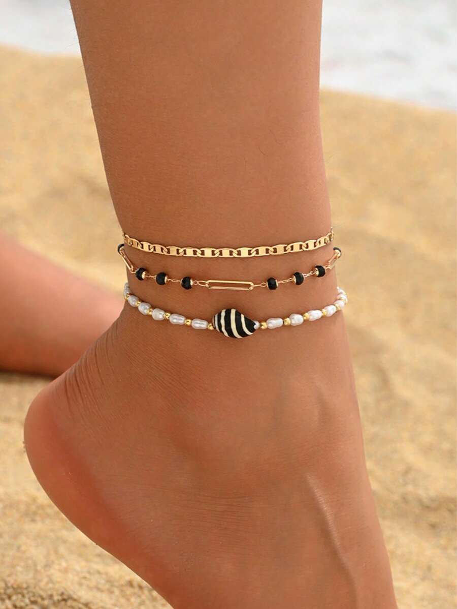 3pcs Set Summer Beach Style Beaded Gold Color Anklet, Fashion Natural Seashell Jewelry For Women, Suitable For Daily Outfit, Beach Holiday Travel