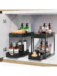Under Sink Organizers And Storage, 2-Tier Sliding Cabinet Basket Organizer With Hooks, Multi-Purpose Under Sink Organizers And Storage For Bathroom Kitchen - Black - View 5