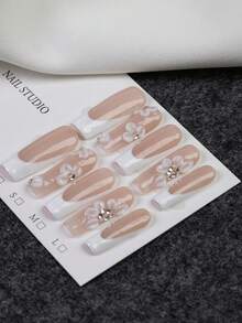 10pcs Sweet And Fresh White Carved Square Press On Nails, Minimalist Three-Dimensional Flower French-Style Handmade Fake Nails, White Flower Design, Flower Core Embellished With Shiny Rhinestones, Essential Nail Art For Summer, Suitable For Daily, Casual And Relaxed Occasions, The Best Gift For Women And Girls Nail Supplies Handmade Press On Nails - Multicolor - View 4