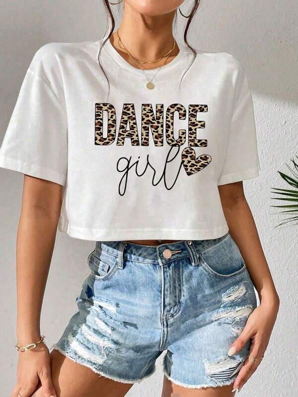 Niña preadolescente - Elegante y casual, Camiseta de manga corta con cuello redondo y estampado de leopardo en forma de corazón, nueva llegada de primavera/verano